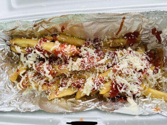 Salvadoran style loaded fries! Yum! These are hot, and tasty!