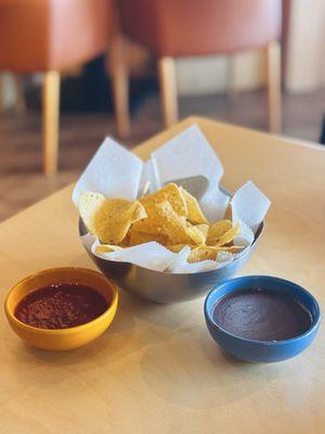 Chips, Salsa, and Black Bean Dip