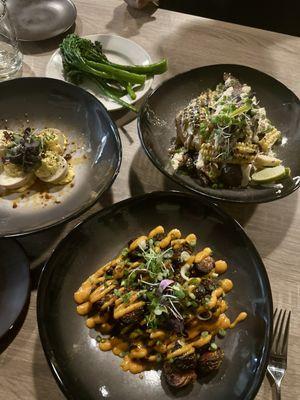 Shoyu Deviled Eggs, Brussels Sprouts and Elote Potatoes, side of broccolini