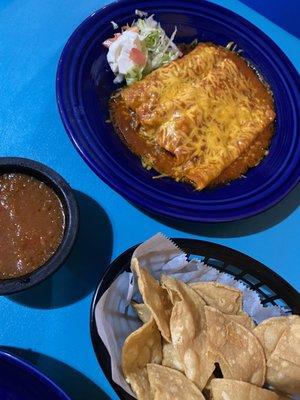 Chips and salsa with enchiladas.
