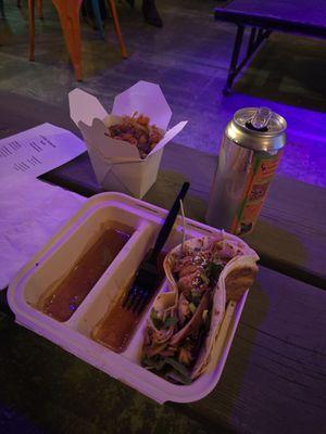 Korean BBQ chicken taco with side of beans (yuuuuuge side of beans!)