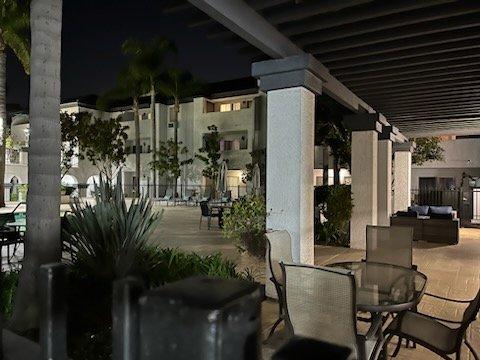 Nighttime view of the courtyard
