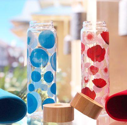 Grosche glass water bottles with protective & washable sleeve.