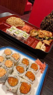 Dinner Shrimp Bento, Spicy snow crab roll, spicy tuna roll..