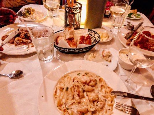 Shrimp Fettuccine center, spaghetti & meatballs on the right, Veal Roberto on the left.