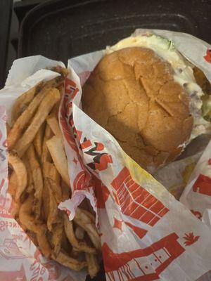 The fries were cold to touch and chicken burger wascold and had veggies that were soggy too!