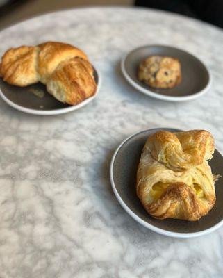 Almond Croissant, plain croissant, vegan chocolate chip cookie
