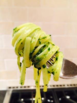 Closeup of the linguine with pesto
