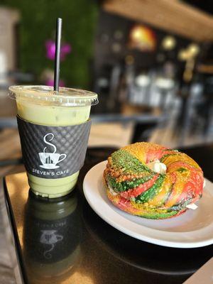 Rainbow Bagel Toasted with Cream Cheese & Matcha Latte