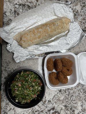 Chicken shawarma sandwich, tabouleh and falafel