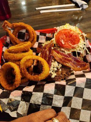 Blue Cheese Burger and Crispy onion rings