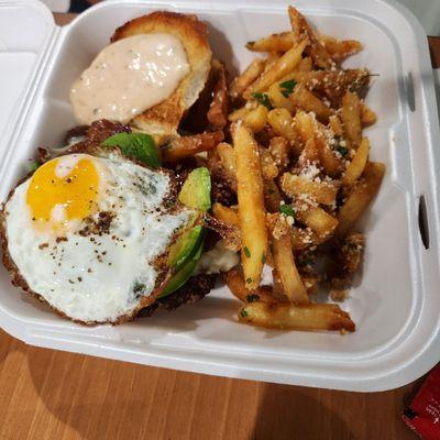 LA burger, garlic fries