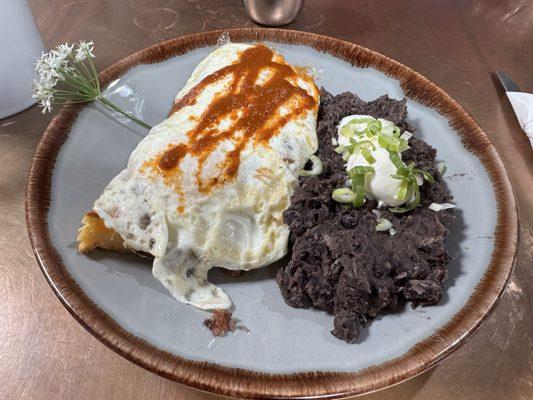 Breakfast Special: Mexican Egg Benedict on Corn Bread with Homemade Refried Beans