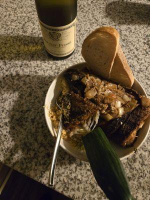 A little braised tilapia and circus with a bit of white wine.