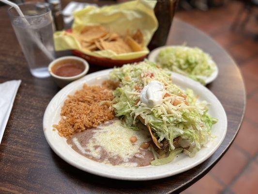 The 2 tostadas Special for below $10. With rice and refried beans.