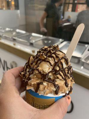 Vanilla base with waffle cone bits and chocolate sauce