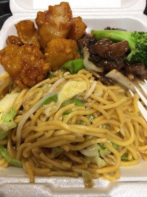 Mango chicken with spicy beef and noodles