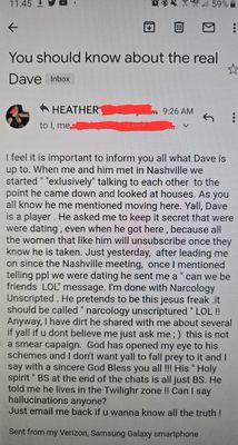 Heather exposes Dave right after the Narcology nights meeting in TN.