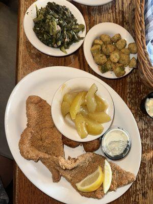 Fried Catfish with Fried Apples, fried okra, and Turnip Greens