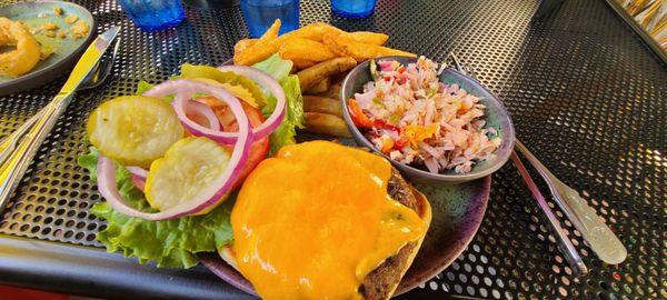 Harry's famous burger with slaw and french fries