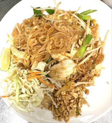 Pad Thai with Chicken Stir-fried rice noodles with chicken, egg, bean sprouts, and tamarind sauce.