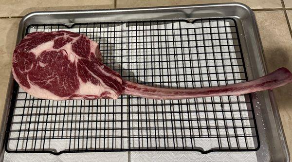 I dry aged the tomahawk steak for a week before preparing it for my family for Valentine's Day. This was 2.75 lbs.