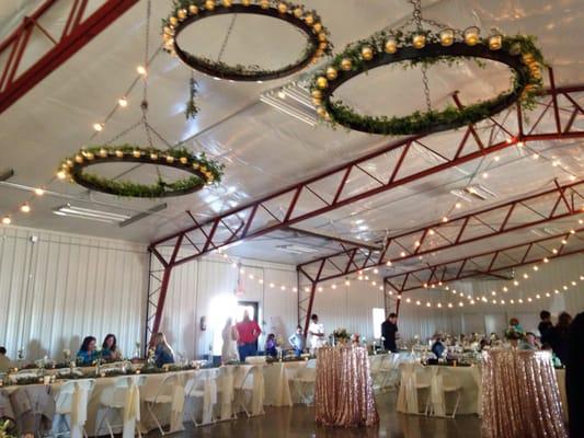 Inside the fairground building - celebrated a beautiful country chic wedding here!