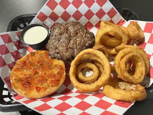 Pepper Jelly Smash! It has cream cheese on it with the pepper jelly! Not too spicy, perfectly balanced! Onion rings were delicious!