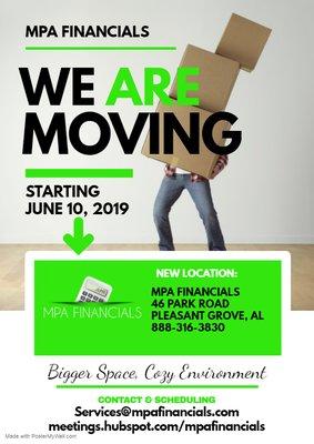 Effective June 10, 2019 we will be located at 46 Park Road, Pleasant Grove, AL 35127. Hope to see you soon!