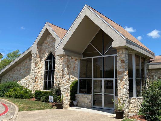 The front of church and the Fellowship Hall.