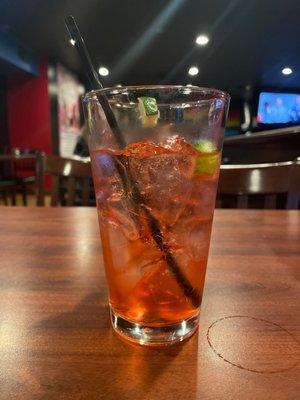 A $6 (Happy Hour) vodka soda with grenadine & lime (limeade!)