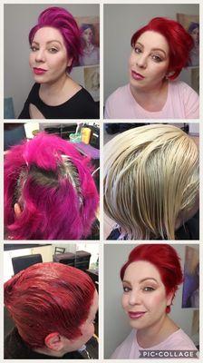 The process correction to Change from pink to her desired new color with a sassy haircut.