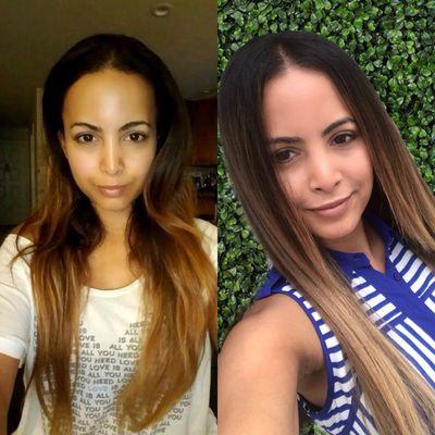 Hair color correction and long layered haircut.