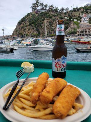 Fish and chips with a cold beverage, and a million dollar view.