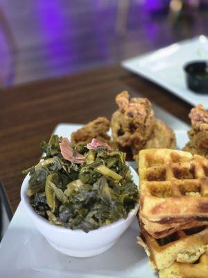 Cornbread waffles and greens