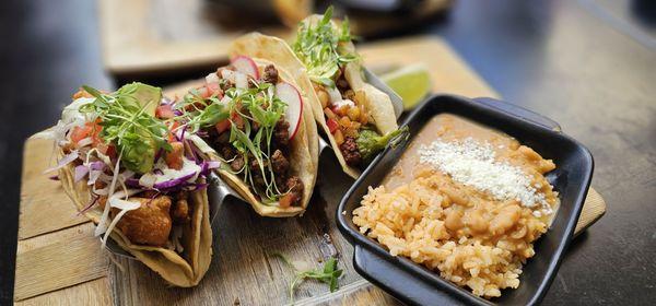 Mahi mahi, carne asada, taco macho, rice and beans