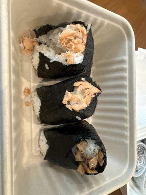 Salmon and mushroom onigiri.