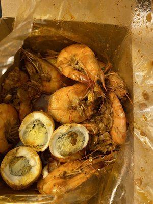 Shrimp soggy and overcooked Over cooked eggs that were green