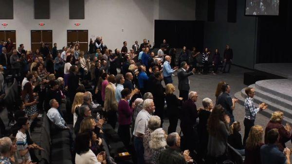 View of the main auditorium during Charis Christian Center church service.