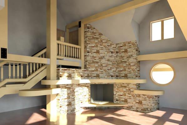 Custom Cabin, interior fireplace and stairs