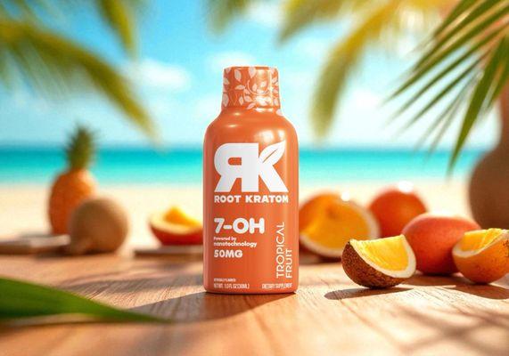 Root Kratom 7-OH -- Tropical Fruit burst in every 50MG shot. Nano-enhanced energy made for island vibes, clear focus, and uplift.