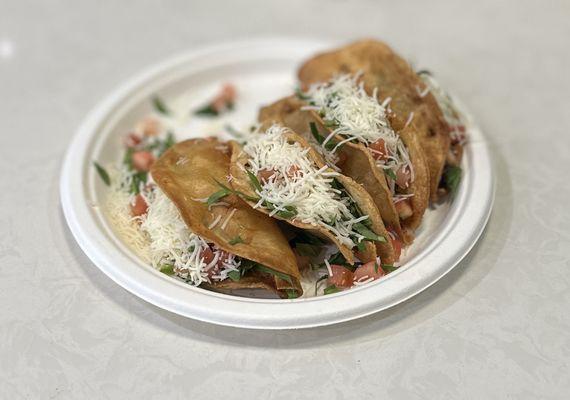 Crispy Taco: SHREDDED BEEF, CHICKEN, GROUND BEEF, OR POTATO w/SPINACH, JACK CHEESE & DICED TOMATO | $3.95 ($2 Tu. & Fri.)