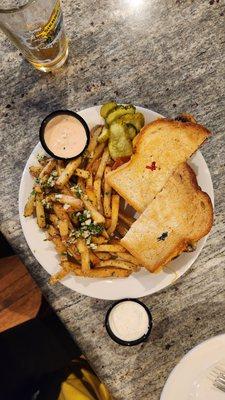 Cheese Burger and Garlic Fries