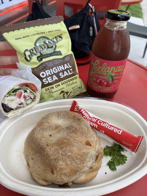 Potato & Cheese Pastie & Chicken salad wrap-half size. Both unexpectedly tasty! We came back next day. ( Leelanau drink-bought elsewhere