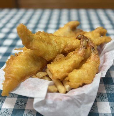 2 Pieces of Fish & Chips W/ Side of Prawns