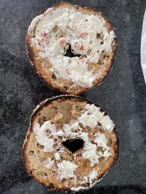 The amount of cream cheese on my bagel wouldn't even cover one side. This is the norm.
