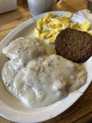 Small Biscuits and Gravy with Sausage and two eggs scrambled.
