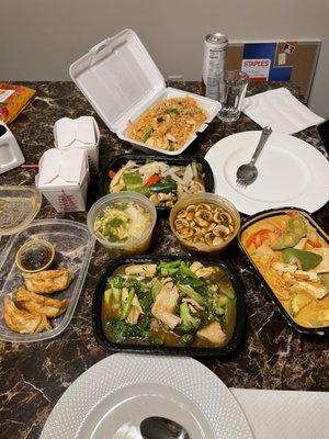 From top down; chicken pad Thai, chicken basil, hot beef soup, shrimp soup, chicken dumplings, chicken rad nah, and chicken masaman curry