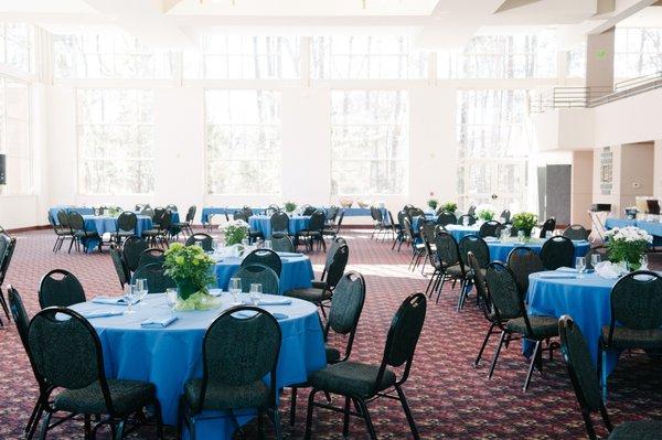 The Charlotte Moscovitz Levin Social Hall, our large banquet hall which seats up to 240, set for a daytime reception.