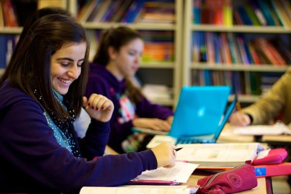 Studying in the library.